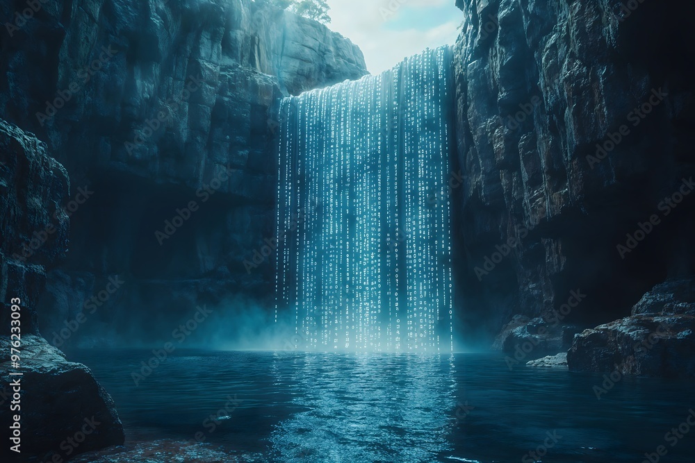 Poster digital falls. the enigmatic convergence of nature and binary code in a surreal virtual waterfall