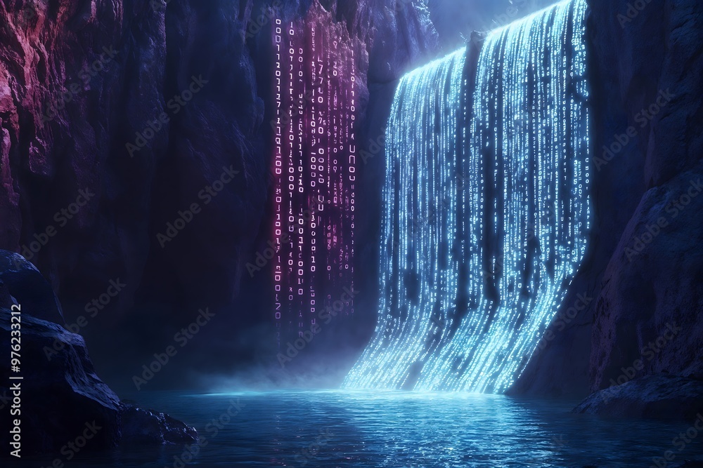 Poster binary cascade. a futuristic fusion of nature's waterfall and glowing digital binary code in a virtu