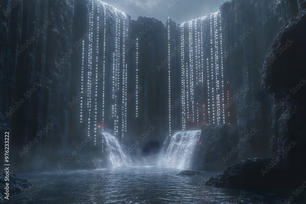 Poster digital matrix falls. the merging of reality and binary code in a surreal virtual waterfall