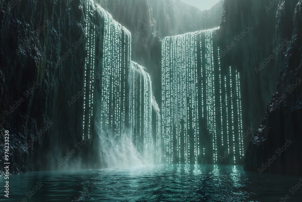 Poster digital cascade: the merging of nature's waterfall with a glowing stream of binary code in a virtual