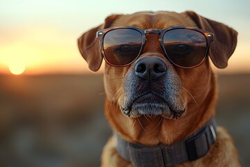 Cool dog in sunglasses enjoying a sunset at the beach