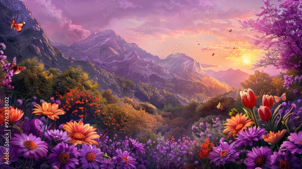 Canvas Prints a beautiful field of flowers with a red mushroom in the foreground