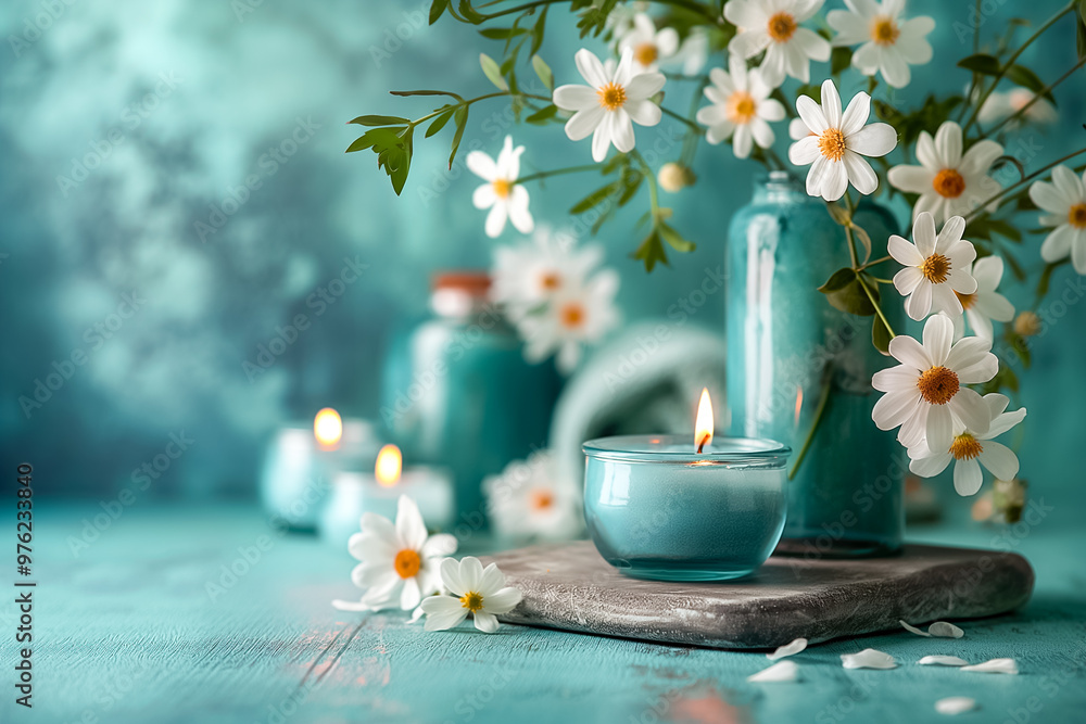 Canvas Prints A calm arrangement showcases fresh daisies in light teal bottles alongside a flickering candle, all resting on a smooth surface. The soothing colors create a peaceful atmosphere