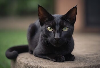 A sleek, black cat with striking yellow eyes is standing on a stone ledge