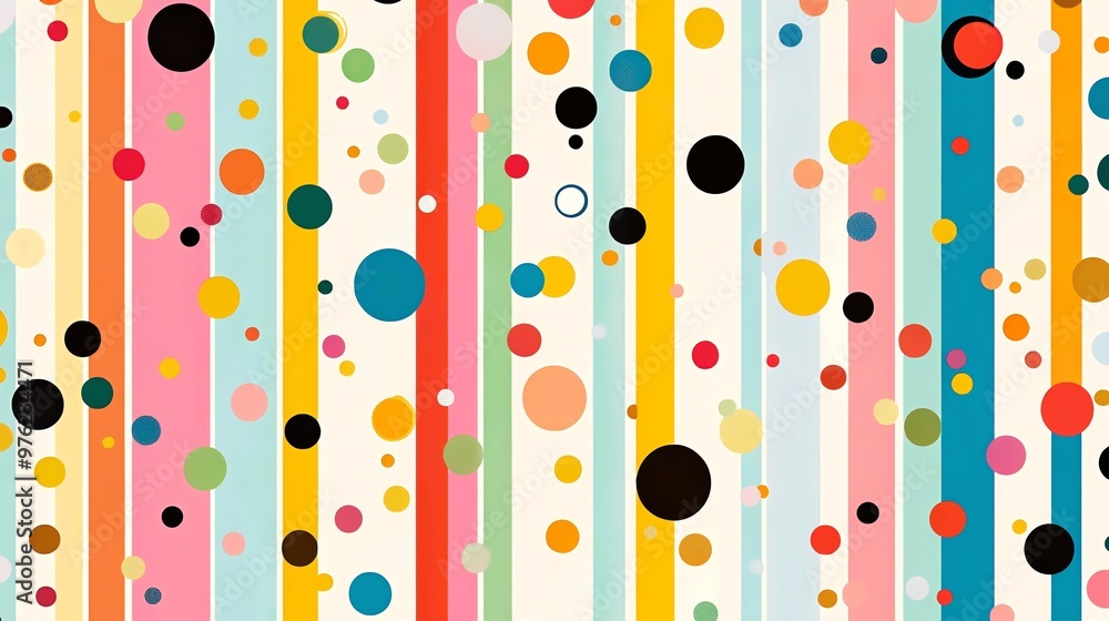 Poster abstract colorful background with stripes and polka dots.