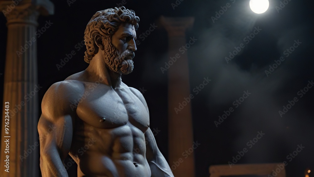 Wall mural marble statue of a muscular, bearded man in ancient ruins under moonlight