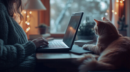 Woman working from home with cat on desk during cozy winter day