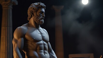 Marble statue of a muscular, bearded man in ancient ruins under moonlight