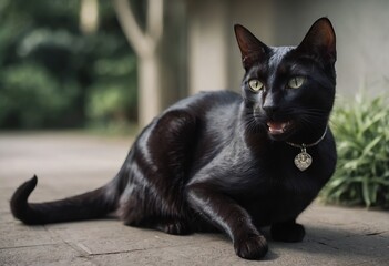 A sleek, black cat with striking yellow eyes is standing on a stone ledge