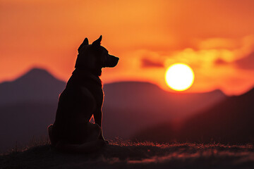 Hund mit Sonnenuntergang im Hintergrund