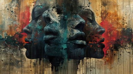 Abstract Portrait with Dripping Colors and Faces