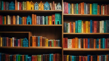 Whimsical bookshelf with colorful houses and books.