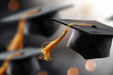 Fototapeta premium Black Graduation Caps With Gold Tassels Against a Blurred Festive Background. 