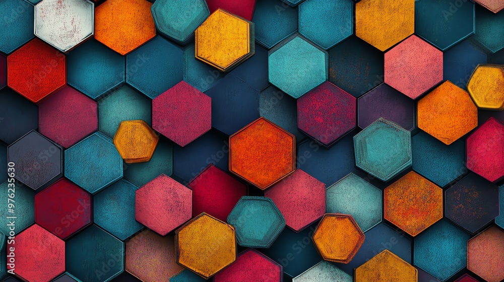 Poster colorful hexagonal pattern background. abstract geometric design with wood texture.