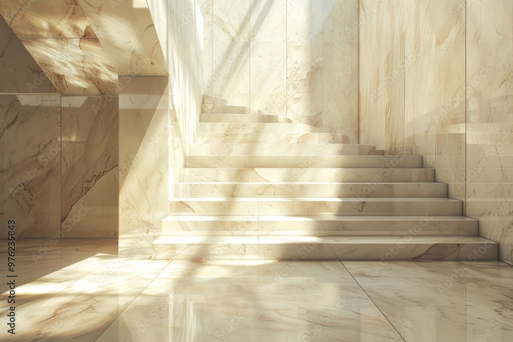 Poster a tranquil, empty staircase features a smooth marble design illuminated by soft morning light, creat