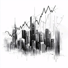 Obraz premium Black and white city skyline with financial charts