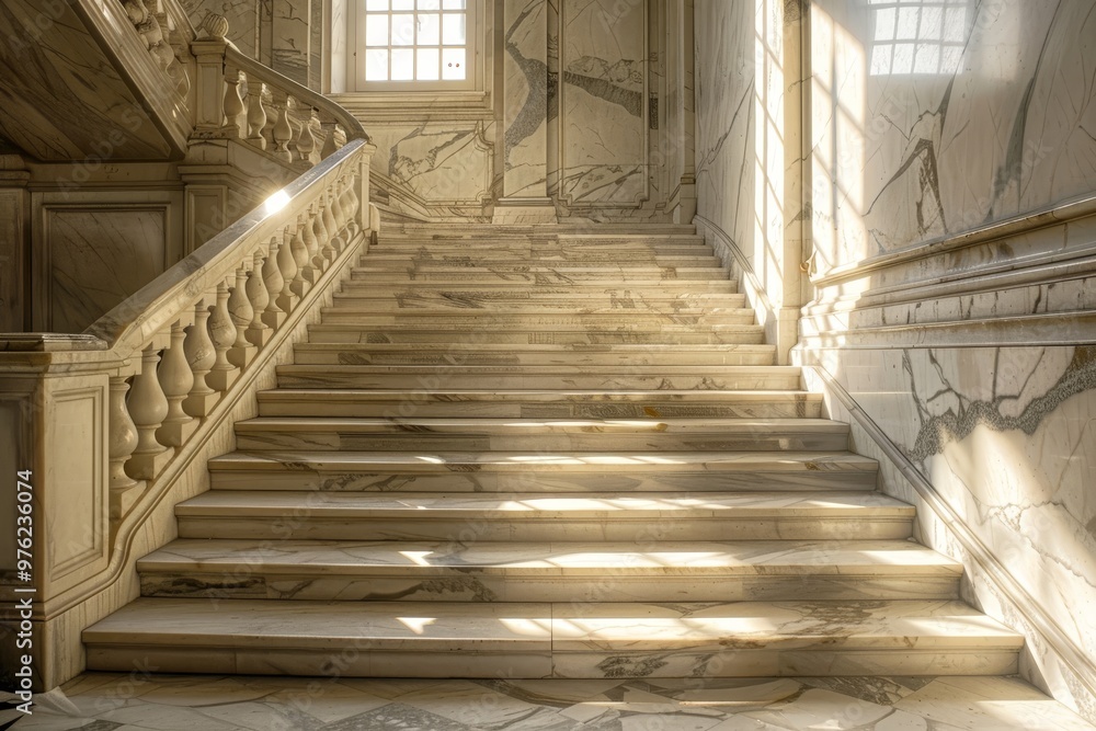 Poster warm sunlight streams through large windows, casting soft light across the intricately patterned mar
