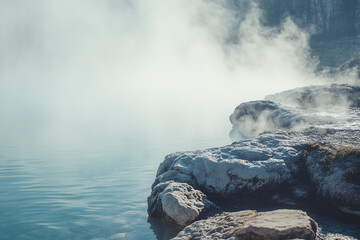 Fluss und See mit aufsteigendem Nebel