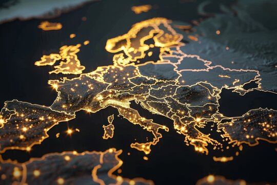 An illuminated map highlights the contours of Europe, featuring bright city lights and geographical outlines, creating a striking view of the continent at night.