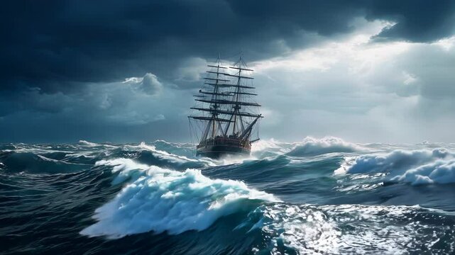 Ship in the stormy sea with huge waves. Giant stormy waves in the ocean and boat