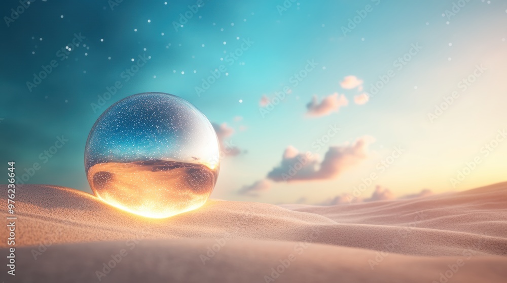 Poster a massive, metallic sphere, half buried in the sand, emits a pulsating light, creating a surreal ima