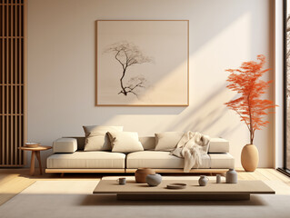 Japandi and wabi sabi inspired living room interior with wood, pottery and texture elements in neutral with autumn palette colors accent