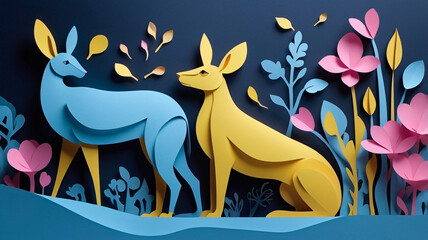 Abstract paper art features two deers in Caroline blue & Arylide yellow, with Persian pink and yellow shades. Set against Prussian blue background, the cinematic lighting enhances their vibrant forms.
