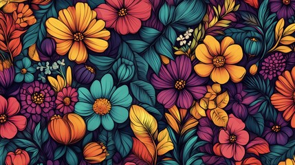 A vibrant floral pattern with bright colors and intricate details.