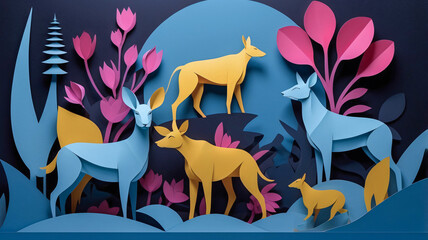 Abstract paper art portrays two pairs of deers in Caroline blue & Arylide yellow, shades of Persian pink. Surrounded by vibrant plants & flowers, cinematic lighting scene on Prussian blue background