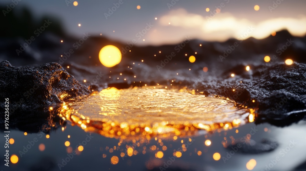 Poster a world where the ground is made of liquid metal, reflecting the light of multiple suns, creating a 