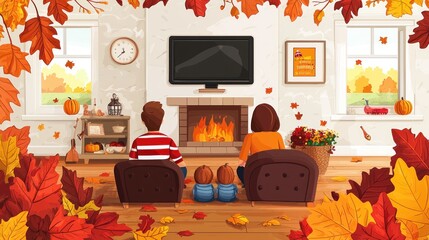 Happy Cartoon Family Watching Thanksgiving Football Game in Cozy Living Room with Fall Decor, Copy Space for Personalized Text Design