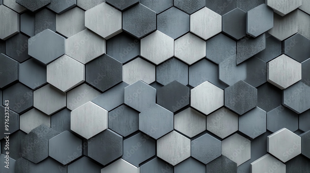 Poster abstract geometric pattern of gray and white hexagons.