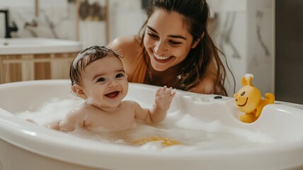 Young mother bathing baby in baby bathtub with foam, concept of nurturing, infant care, and bonding.