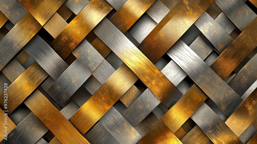 Poster an abstract pattern of intersecting metal strips in gold and silver.