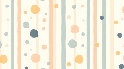 A seamless pattern of pastel colored stripes and dots on a white background.