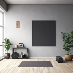 Yoga or cardio studio, on a wall is banner with copy space