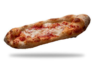 Pinsa with tomato sauce and mozzarella, typical Italian oval-shaped pizza baked on stone, isolated on white with clipping path included.