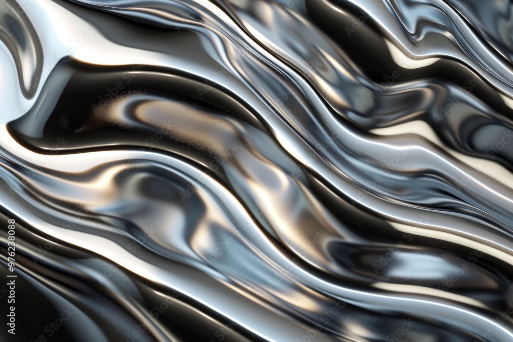 Poster the metallic surface flows with smooth curves and ripples, illuminated by light that accentuates its