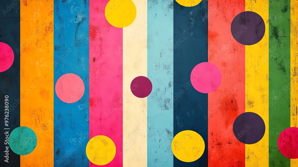 Poster abstract geometric background with colorful vertical stripes and circles.