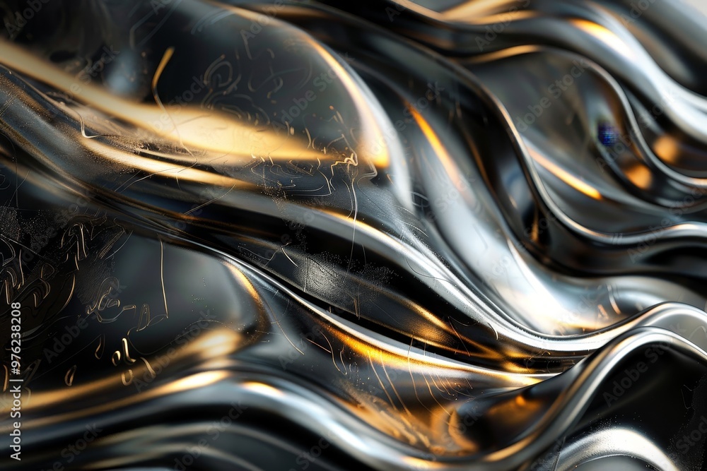 Poster the composition showcases undulating metallic surfaces that create a mesmerizing interplay of light 
