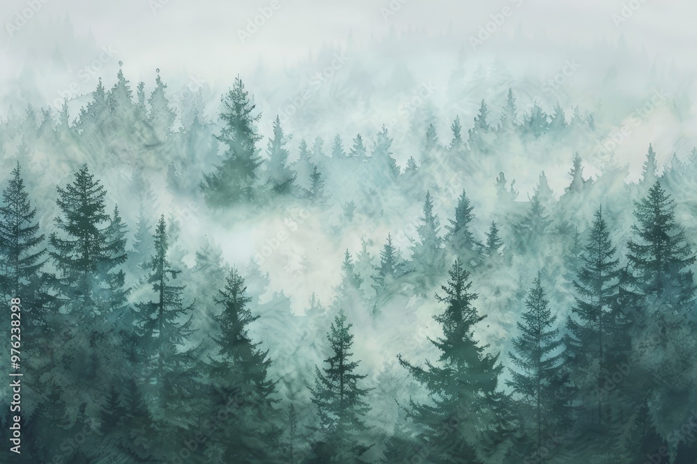 Aufkleber a tranquil forest enveloped in a soft mist, featuring tall evergreen trees rising through the fog du