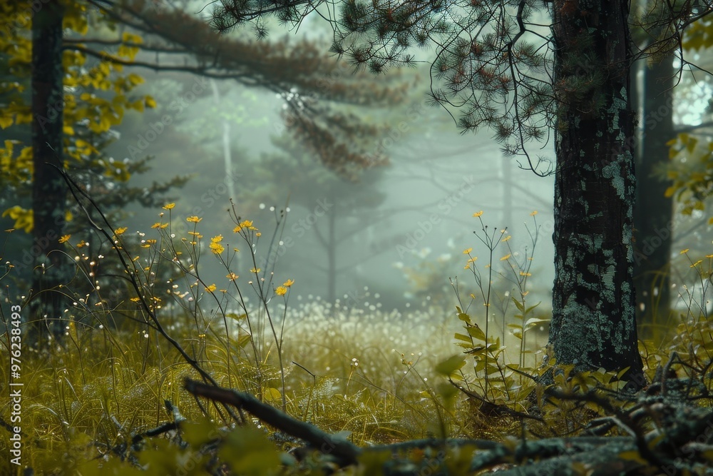 Aufkleber wildflowers bloom in a misty forest clearing as soft sunlight streams through the trees, creating a 