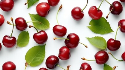 Cherry seamless pattern on white background. Red ripe berries and green leaves.