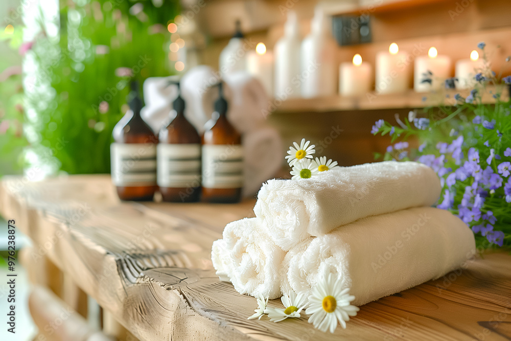 Poster three white towels are neatly stacked on a rustic wooden table adorned with candles and spa products