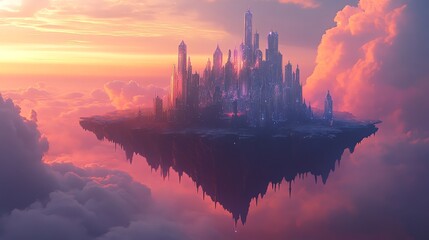 A fantasy city floating in the clouds at sunset.