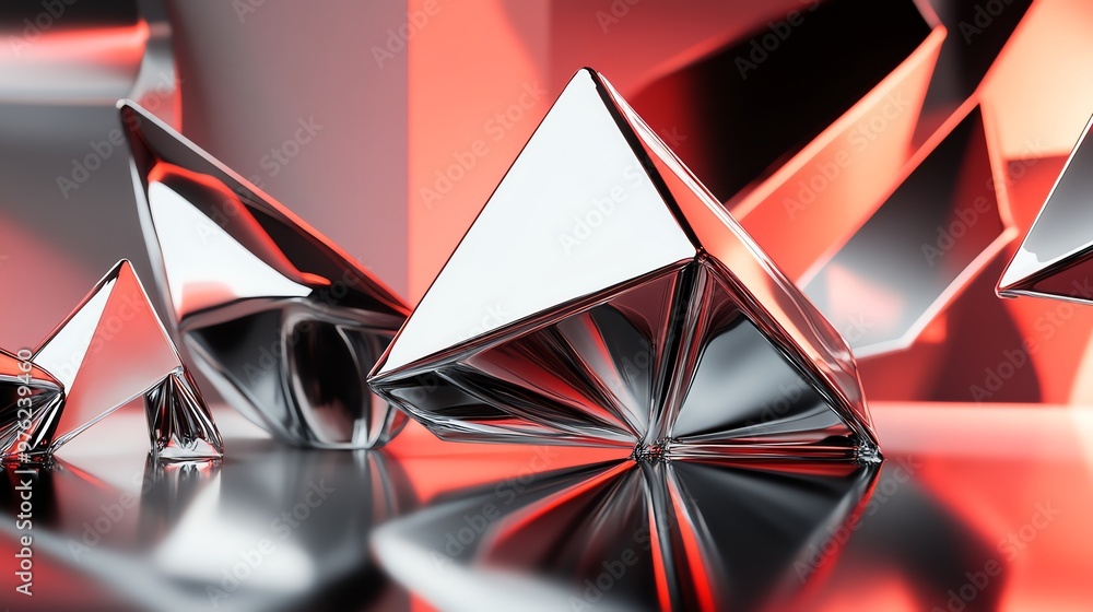 Poster close-up of metallic, diamond-shaped objects reflecting a red light.