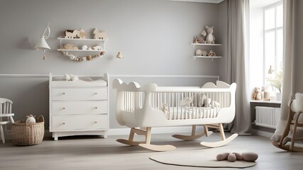 Scandinavian-style baby room featuring a white cot and rocking horse