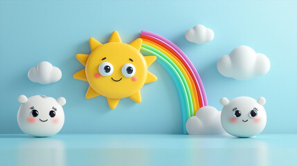 Obraz premium A Bright Moment: 3D Cartoon Sun and Rain Clouds Forming a Rainbow