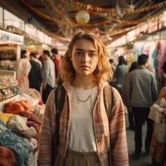 Obraz premium A teenager exploring a colorful street market on a sunny day