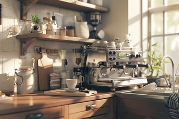 In a sunlit kitchen, an espresso machine sits on a wooden counter, surrounded by neatly arranged jars, cups, and plants, creating an inviting atmosphere.
